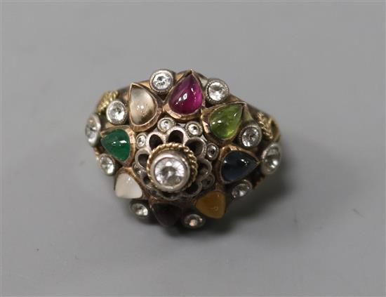 An Indian? 14ct gold and multi gem set dome topped ring, size L.